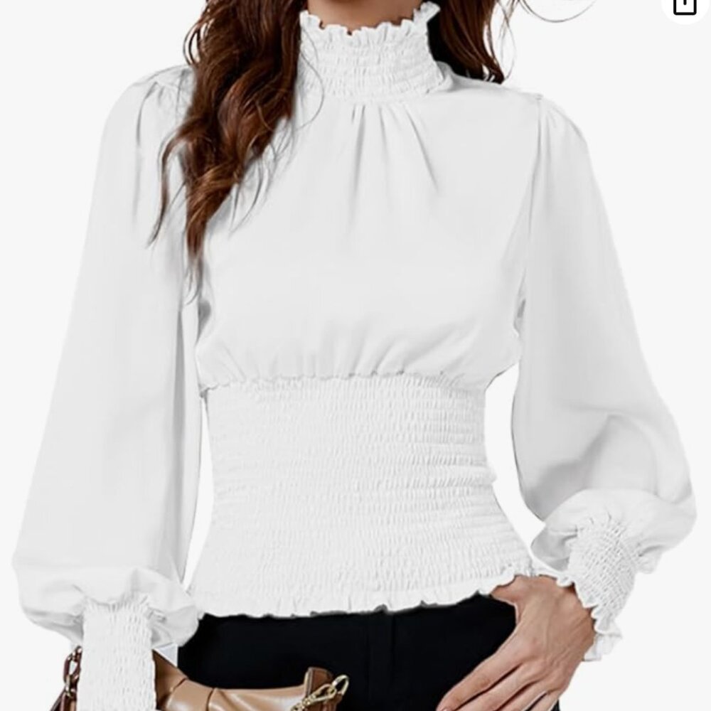 Women's Shirred Frill Mock Neck Smocked Puff Long Sleeve Blouse Top